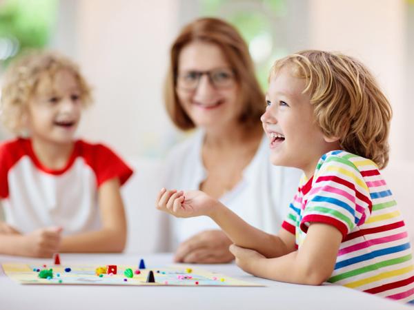 Family playing board game